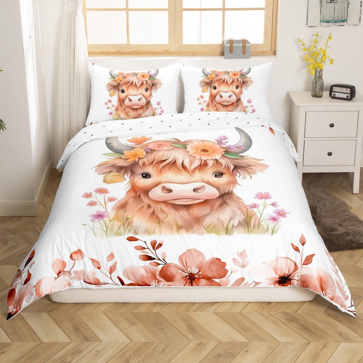 Homemissing Cute Highland Cow Bedding Set Double Highland Cattle Bedding Duvet Cover Set For Boys Decor Animal Comforter Cover Set Floral Botanical Decor Bedspread Bedroom Farmhouse Quilt Cover 3Pcs