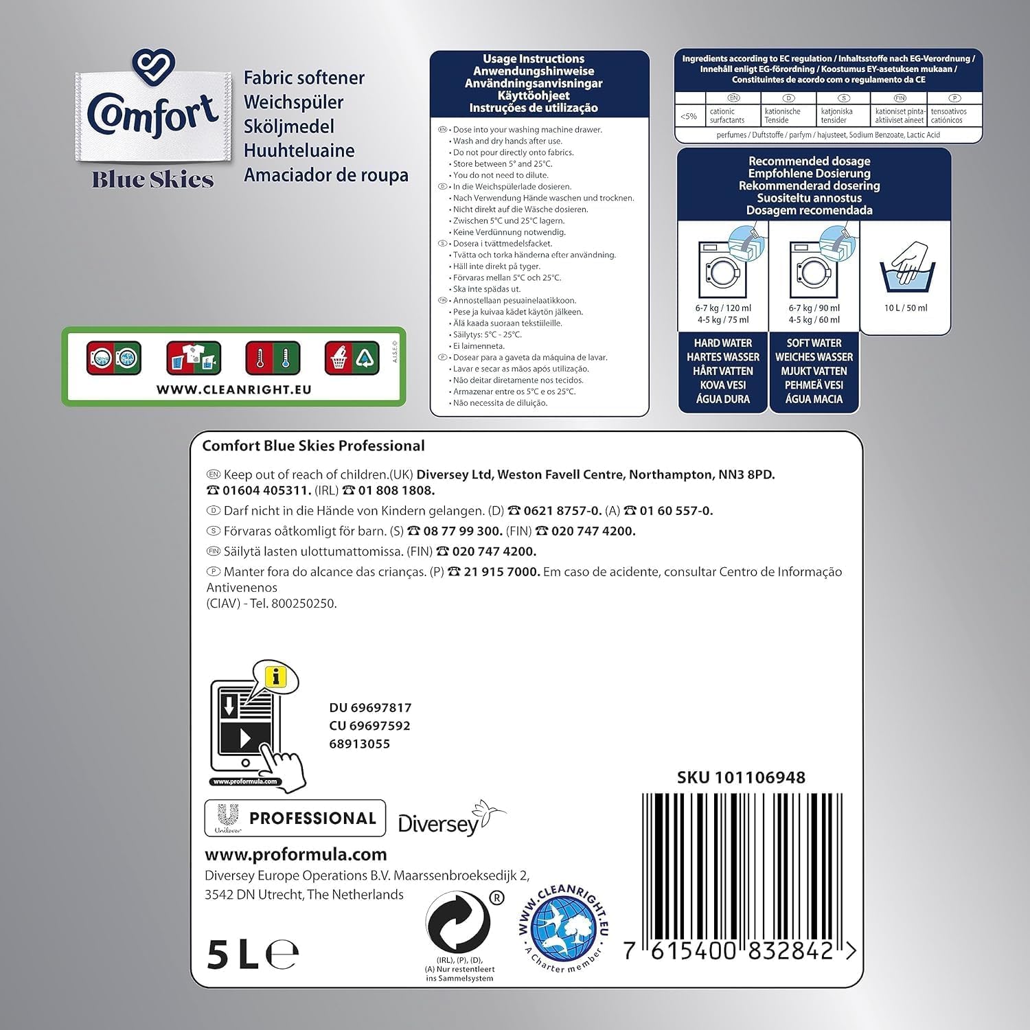 Comfort Professional Weichspüler Blue Skies – Weichspüler mit Frische-Duft für lang anhaltende Frische und Weichheit, 4,8 L