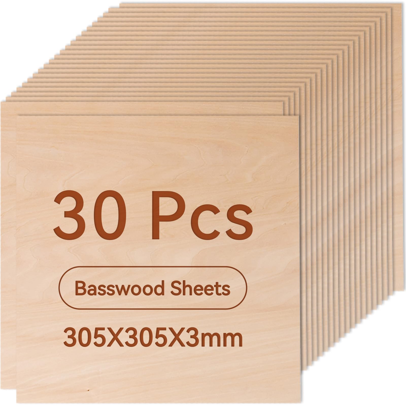 ROWOOD Pannelli di compensato 3 mm, 305 x 305 mm, 30 pezzi, legno di tiglio, taglio su misura, per modellismo, taglio laser, incisione a laser, per legno, pittura CNC