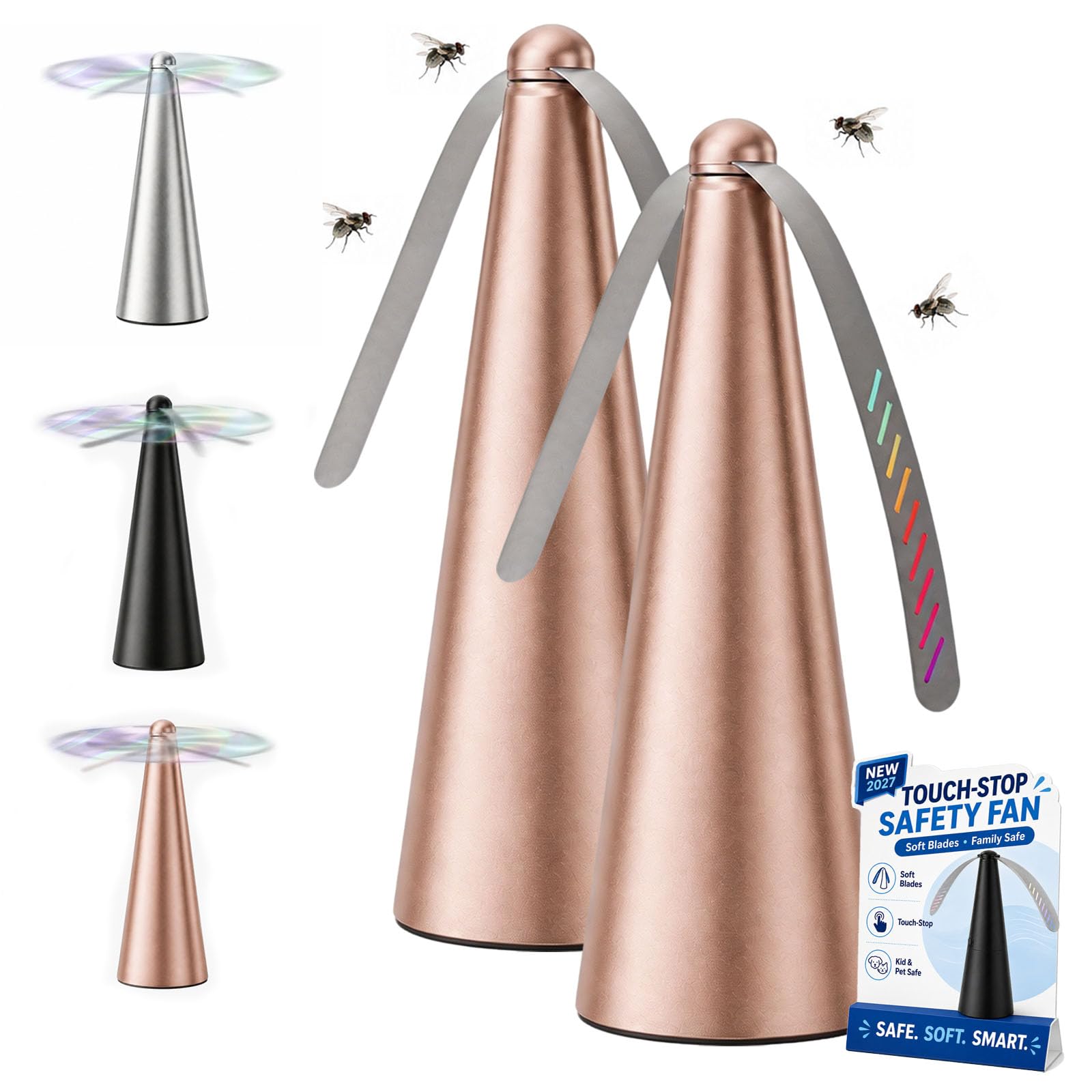 Fly Fans for Tables, USB Rechargeable Fly Deterrent for Table, Double Side Soft Holographic Blades, Portable Effective Fly Repellents Fan for Indoor & Outdoor Picnic, Party Use (2Gold)