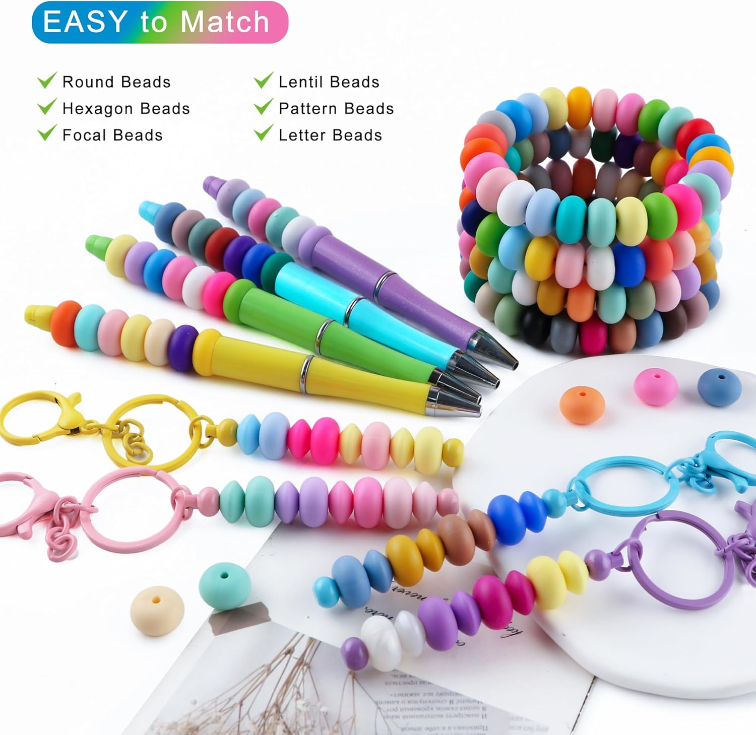 Sunrony 272Pcs Mixed Bright Color 14mm Abacus Silicone Beads for Keychain Making, Multicolor Lentil Silicone Beads for Pens and Necklace Bracelet Crafts Making (Multicolor Bright) - Image 6