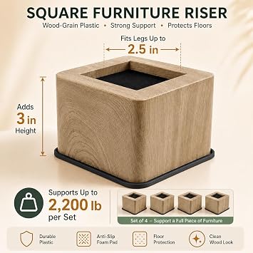 3 INCH Square Bed and Furniture Risers Heavy Duty Bed Lifts - Lifts Up to 2,200 LBs/1,000kg Couch Sofa or Table Risers (Plastic) Wooden Color, 4 Pcs
