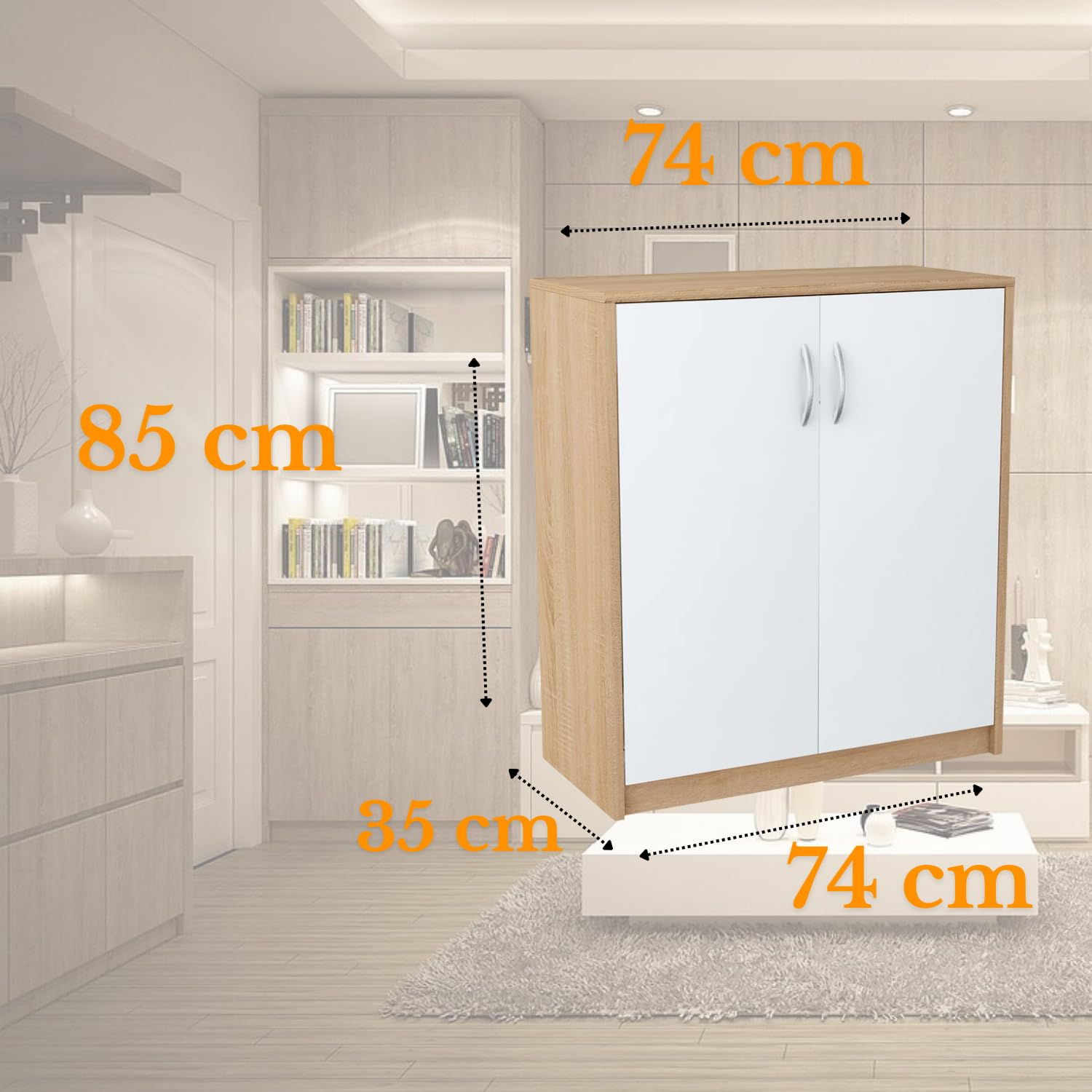 Meblando uniwersalna szafa 74 x 35 x 85 cm, szafa na ubrania biała i dąb, wielofunkcyjna szafa na akta lub meble do korytarza, komoda – 74 cm szerokości, wysoka jakość