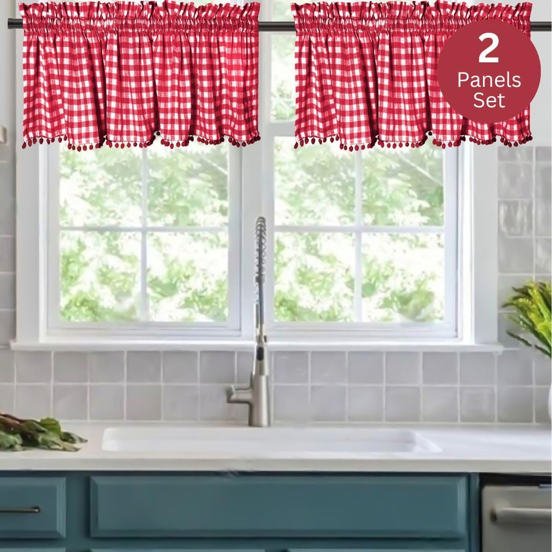 2 Panels Curtain Valances for Kitchen Windows, Bathroom, Living Rooms - Rod Pocket Short Curtain Topper Window Treatment - Farmhouse Rustic Window Valances 2 Pack W60 x L14 Red