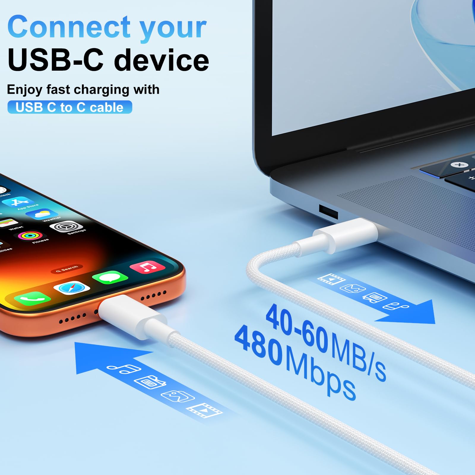 Cavo intrecciato da USB C a USB C, ricarica rapida, confezione da 4 cavi da 6,6/6,6/3,3/3,3 m, 60 W, adatto per iPhone 17, 16, 15 Pro Max, Plus, iPad, MacBook, Galaxy S25 Ultra (6,6/6,6/3,3
