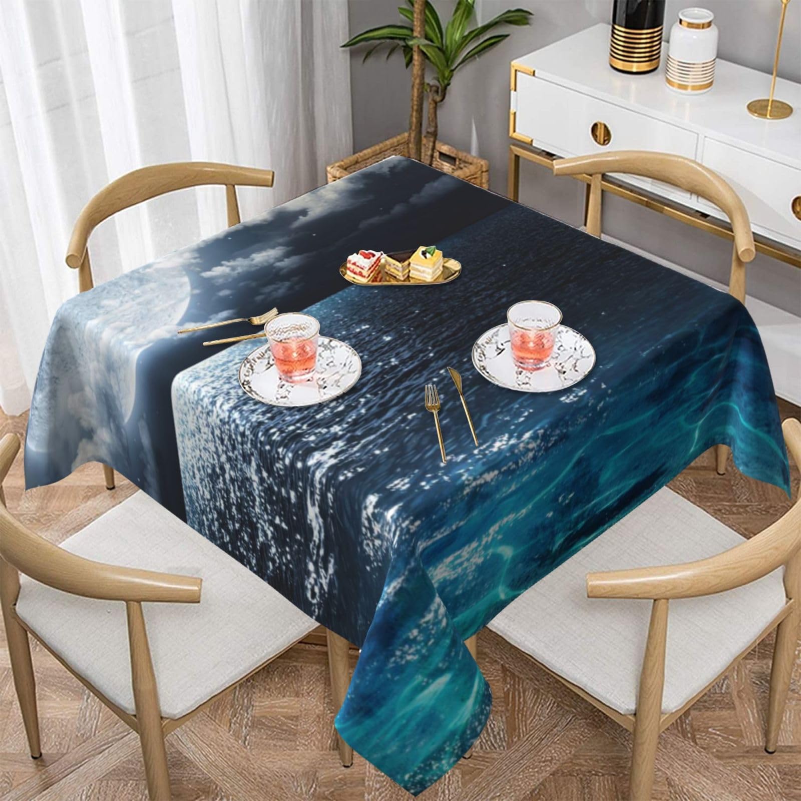 Nappe décorative carrée mer et lune imperméable anti-poussière maison cuisine 137cm