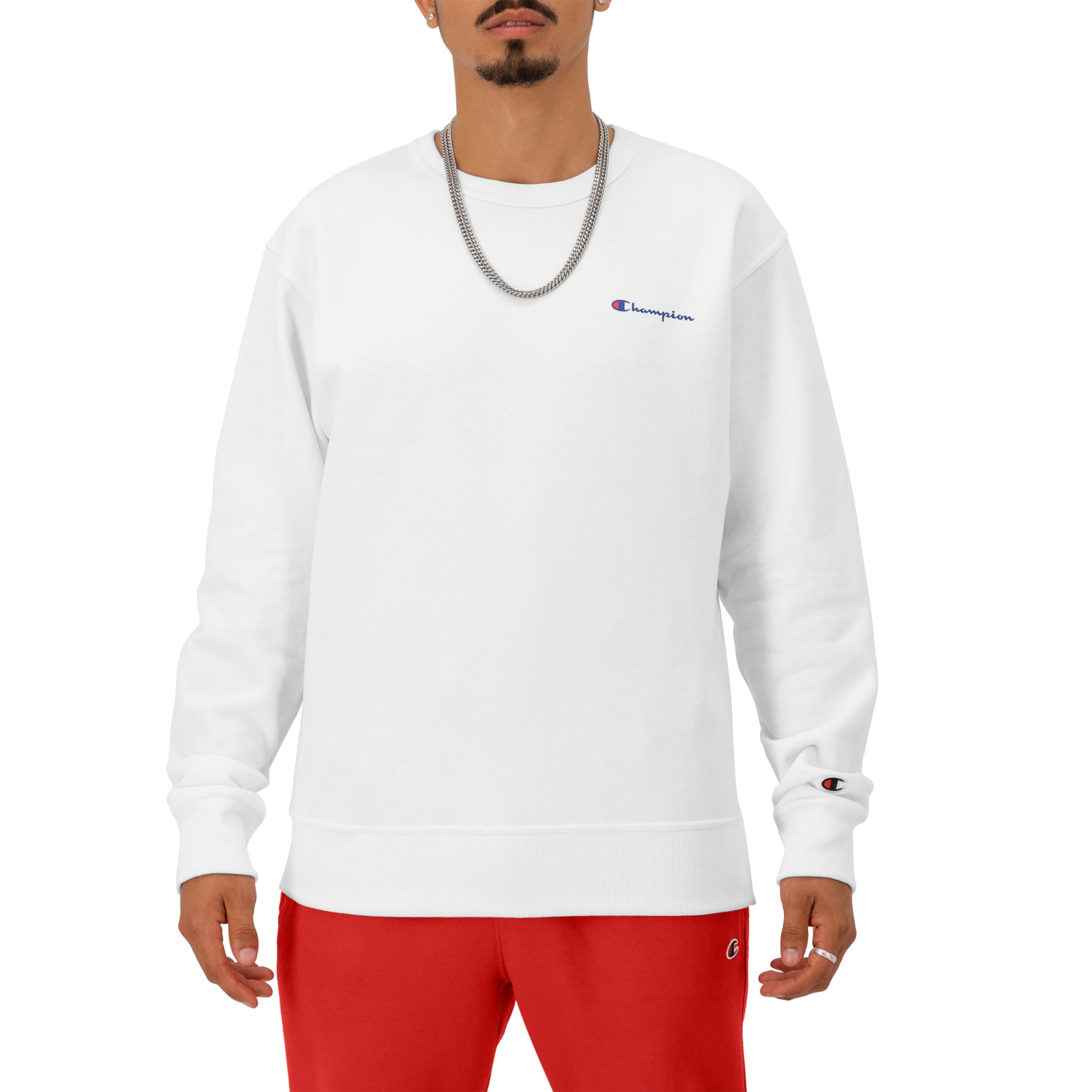 Champion Men's Crewneck, Powerblend Fleece, Hoodie Sweatshirt Logo (Reg. Or Big & Tall), White Small Script, XL