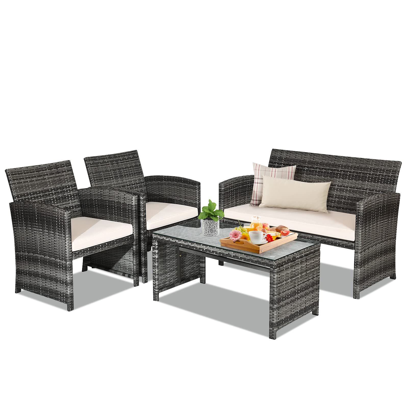 RELAX4LIFE 4PCS Rattan Garden Furniture Set, All-Weather Outdoor Conversation Set with Glass Tabletop and Removable Cushions, Wicker Sectional Sofa Chair and Table Set for Backyard Pool Backyard — image 1