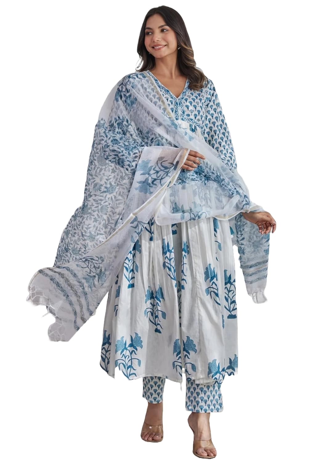 ANNI DESIGNER Women’s Rayon Blend Printed Anarkali Kurta with Pant & Dupatta ANNI DESIGNER Women’s Rayon Blend Printed Anarkali Kurta with Pant & Dupatta