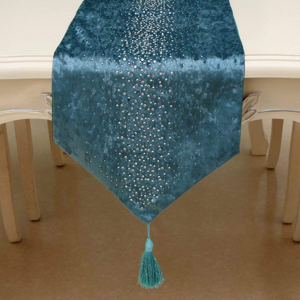 Runner Da Tavolino,Tovaglia Blu Di Lusso Con Strass In Velluto Europeo Nappa Squisita Elegante Stuoia Decorativa Scintillante Per Sala Da Pranzo Per Feste Di Matrimonio, 12,6 × 106,3 Pollici / 32