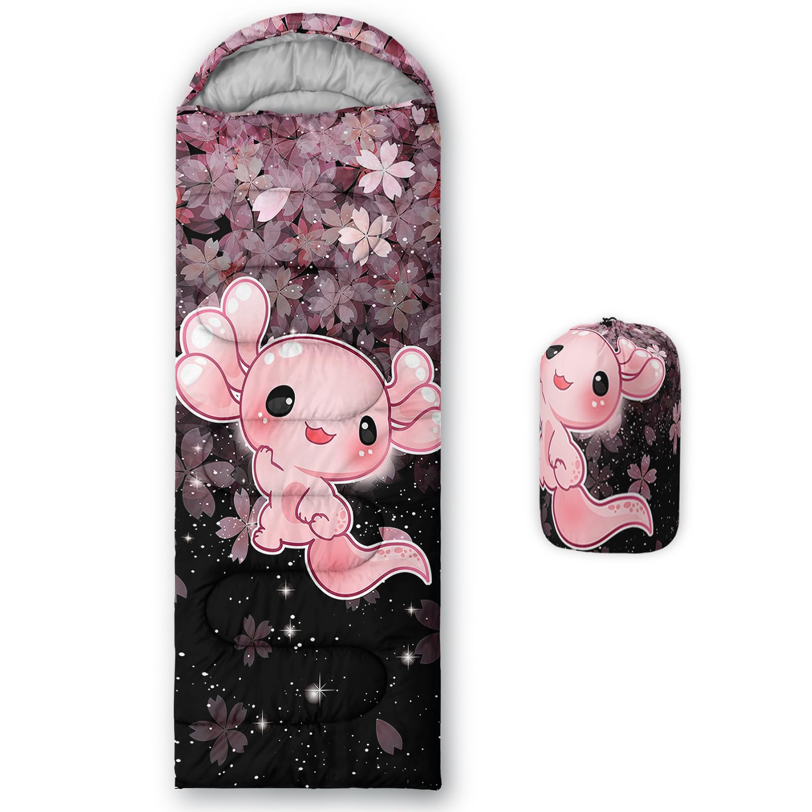 QOOMO Axolotl Cute Camping Sleeping Bags 3 Season Warm Cool Weather Lightweight Waterproof Sleeping Bags for Adults Kids