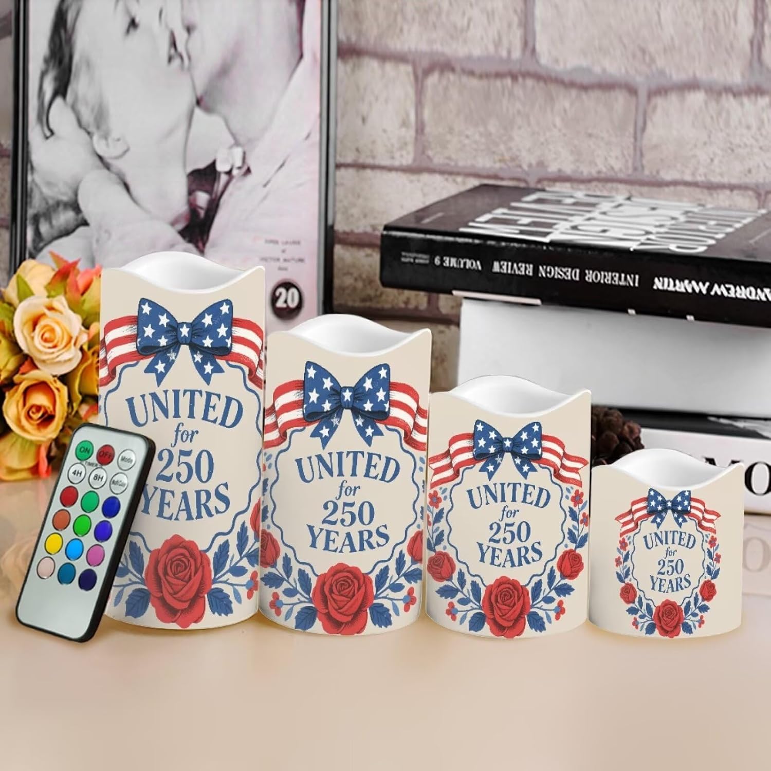United for 250 Years Fake Candles Flowers Independence Day Battery Led Lights Fourth of July LED Flickering Remote Control Candle Decors for Patio Porch Mantle, 4 Pack