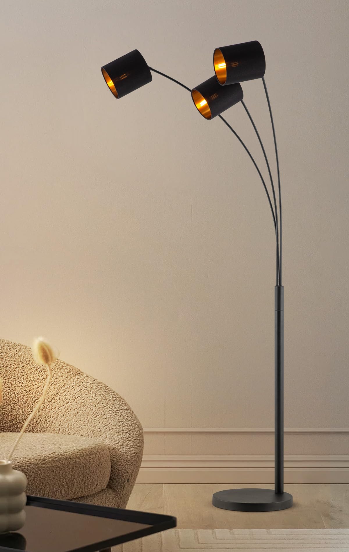 Home Sweet Home Bogenlampe 3 Flammig Schwarz Gold | Moderne Stehlampe Wohnzimmer 190cm | Verstellbare Bogenleuchte E27 inkl. 3x 9W LED Leuchtmittel | Stabile Standleuchte Industrial