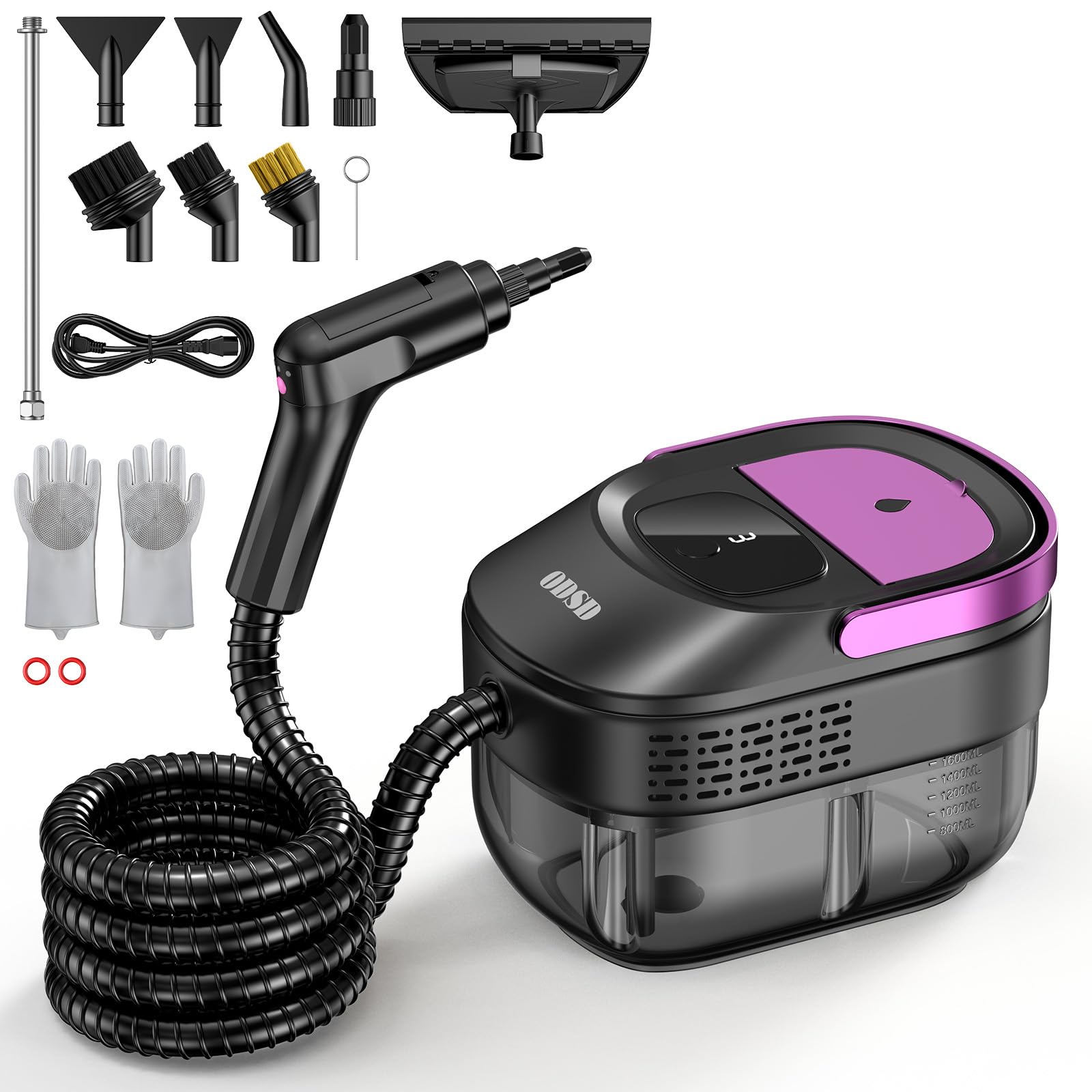 ODSD Dampfreiniger für Haushalt und Auto, 3-stufig einstellbarer Dampfreiniger, 15 Sekunden Aufheizzeit und 1,6 l großer Tank, Handdampfreiniger für Autos, Haushalt, Küche, Fenstern,Boden