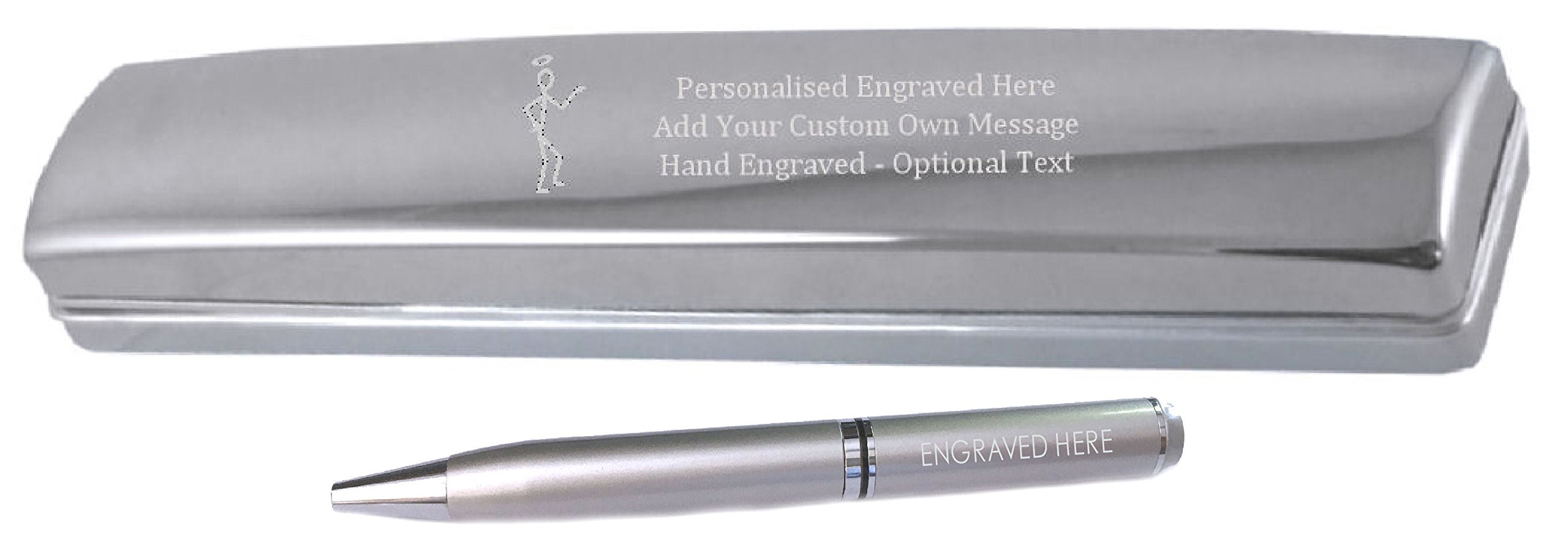 Bolígrafo de satén personalizable plateado cromado con caja de mensajes de San Héroe grabado