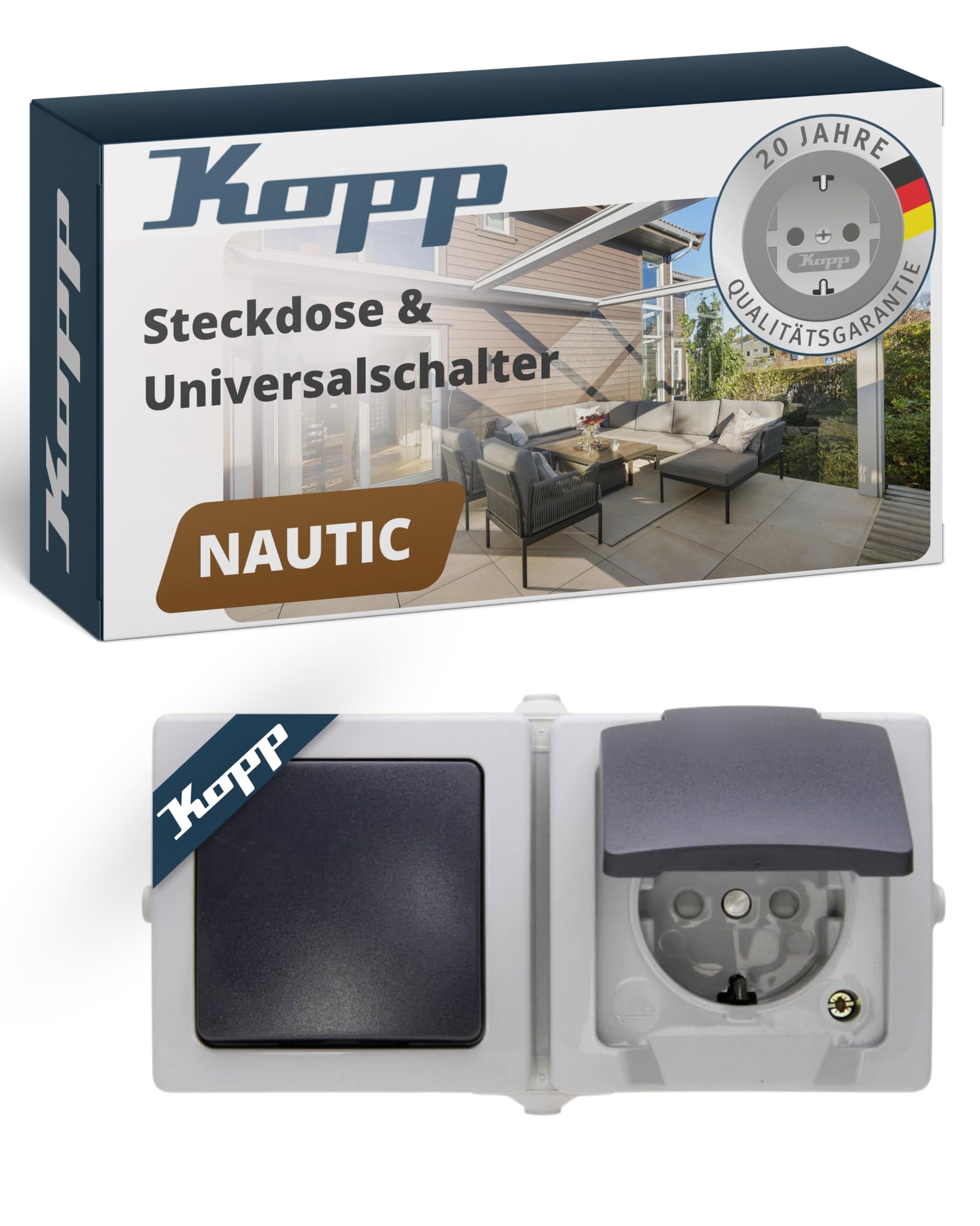 Kopp Nautic Steckdose IP44 Feuchtraum - Aufputz, 2-fach Schuko Mit Deckel + Schutzkontakt-Stecker, Grau & Schwarz