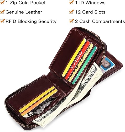 Miniatura 5 de GOIACII Cartera con cremallera para hombre, de piel auténtica, con bloqueo RFID, con cremallera, bolsillo para monedas, para identificación, con