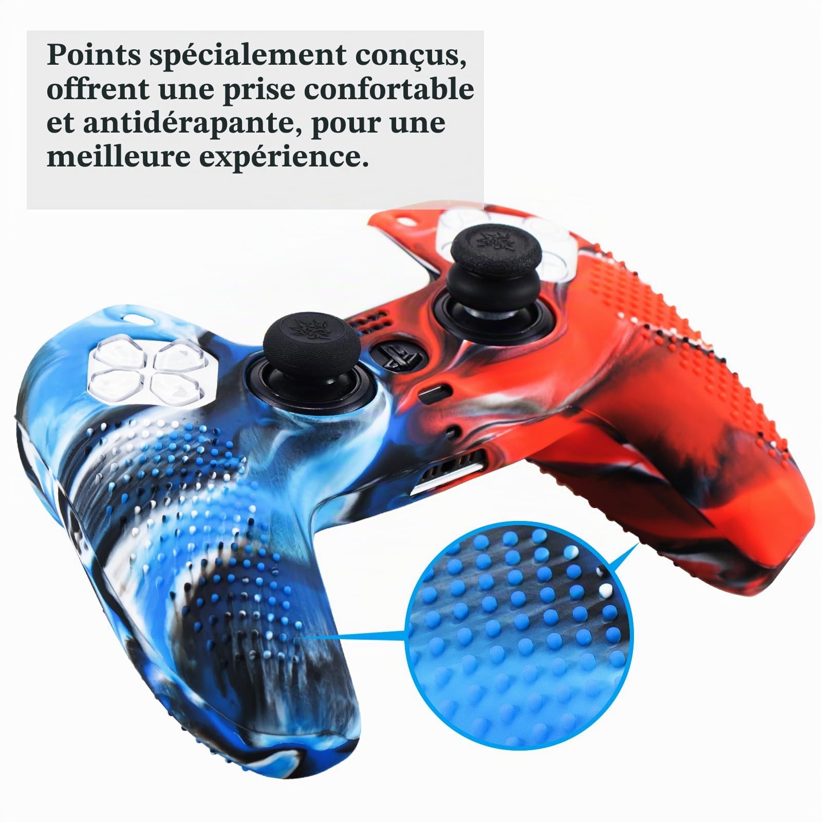 Yorha Lot de 2 Coques en Silicone pour Manette de PS5 (Camou Bleu + Rouge) avec 8 Grips pour Les Pouces, 8 Bouchons et 4 Protections Anti-Chocs