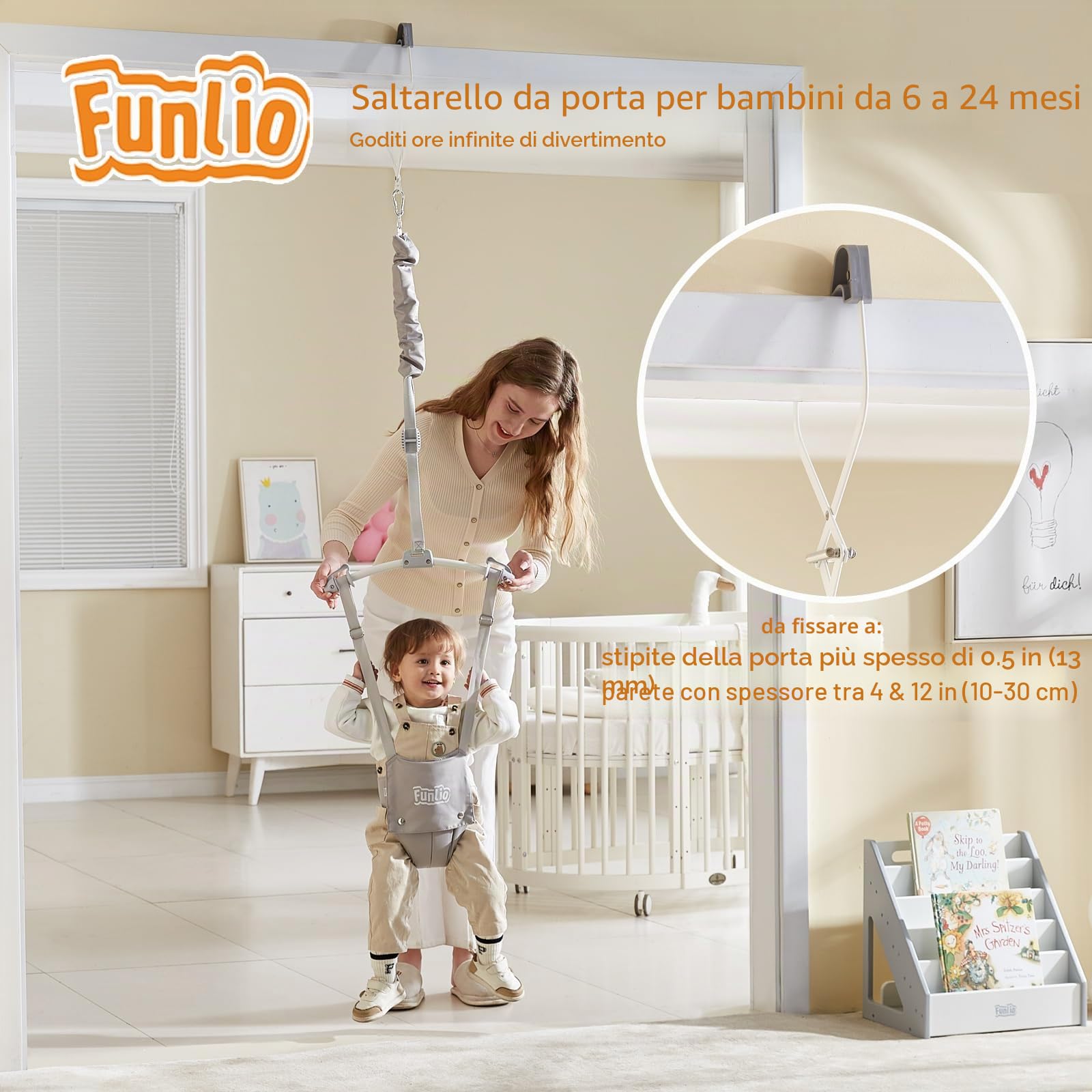 FUNLIO Sdraietta per Porta Baby per 6-24 Mesi (con Morsetto per Porta), Porta Baby Jumper con Molla Robusta/Cinghia Regolabile, Facile da Montare e Riporre, Portata 18 kg, Certificato CE CPC - Grigio