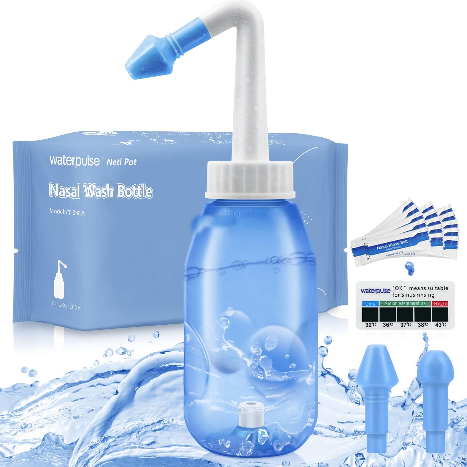 Waterpulse Neti Pot,Saline Solution,Sinus Rinse,Nasal Irrigation,Sinus Relief,Nasal Rinse,Sinus Medicine for Adults,Neti Pot Sinus Rinse,Sinus Rinse Bottle with Sinus Rinse Packets 30 Packs Salt