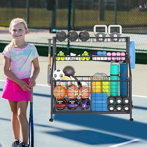 Miniatura 4 de Estante de almacenamiento de bolas, carrito organizador de equipo deportivo grande para garaje, gimnasio en casa, almacenamiento de equipo deportivo