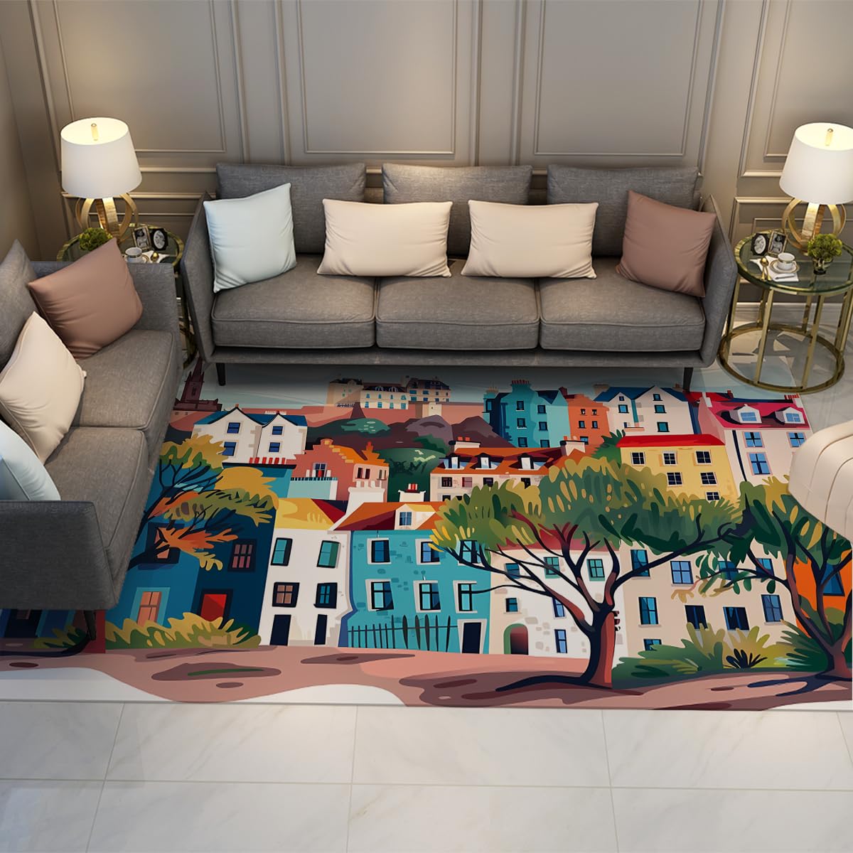 Tapis de salon européen au motif architecture colorée de style raffiné
