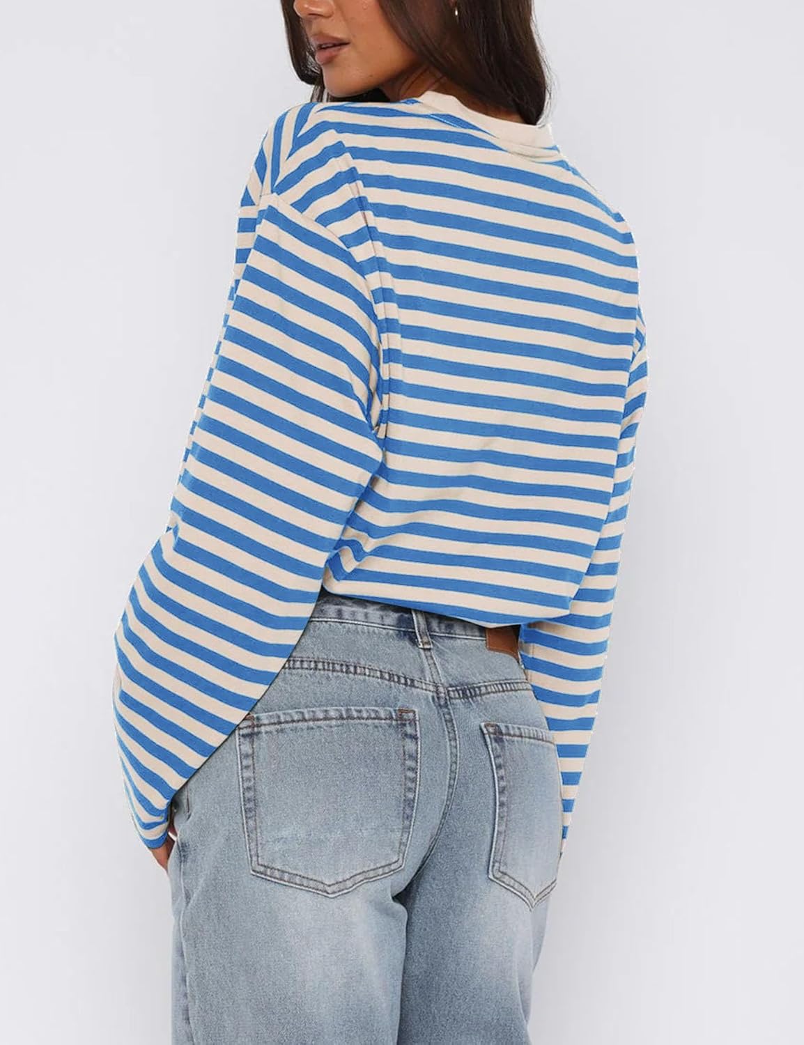 Vivitulip Women’s Casual Striped Sweatshirt Relaxed Fit Round Neck Long Sleeve Drawstring Cropped Pullover Tops - Image 2