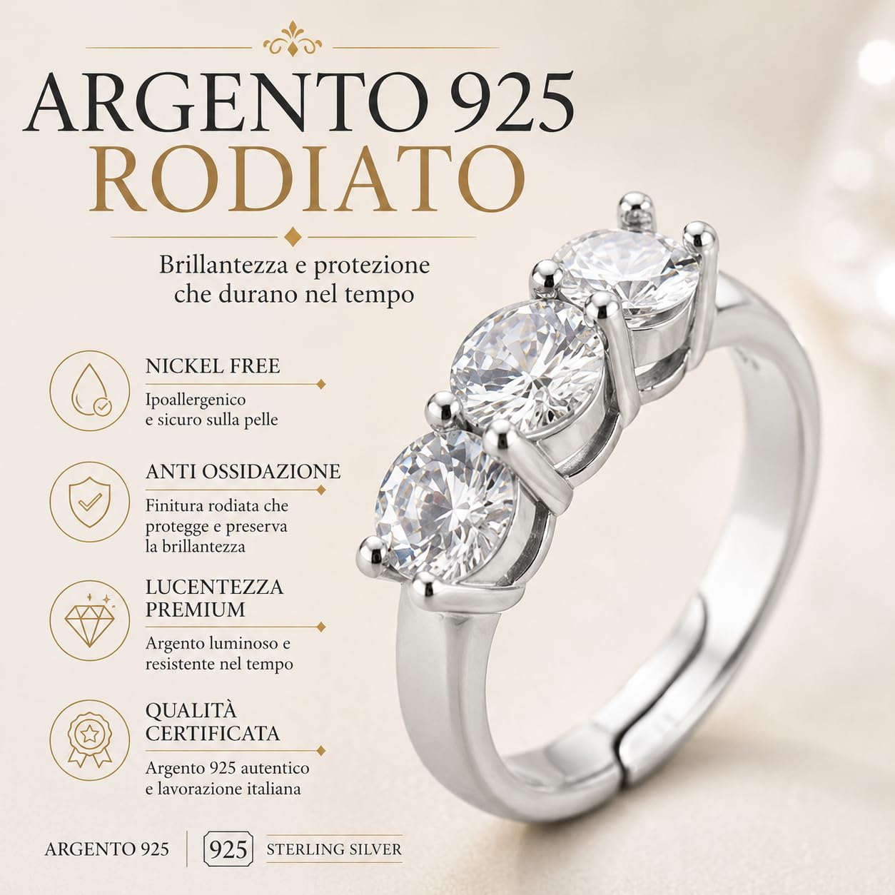 Donipreziosi Anello Trilogy Donna in Argento 925 Rodiato con Zirconi Bianchi Taglio Brillante, Made in Italy – Taglia Regolabile, Nickel Free – Idea Regalo Fidanzata, Moglie, Anniversario