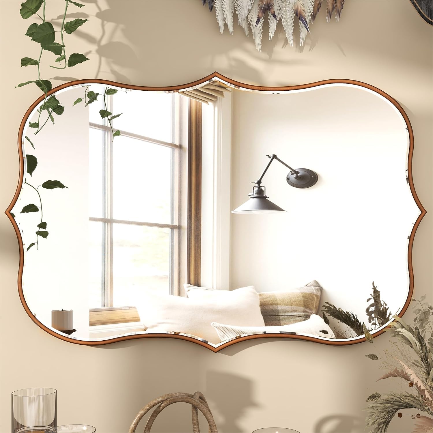SHYFOY Specchio da Parete Moderno, 90 x 60 cm, Grande Specchio da Bagno Oro, Specchio Ondulato Asimmetrico con Cornice in Legno Smerlato, Specchio da Parete Dorato per Soggiorno