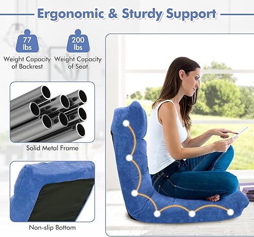 Miniatura 7 de KOMFOTT Silla de suelo ajustable de 14 posiciones con soporte trasero, silla plegable acolchada para juegos para lectura, meditación, sala de estar,