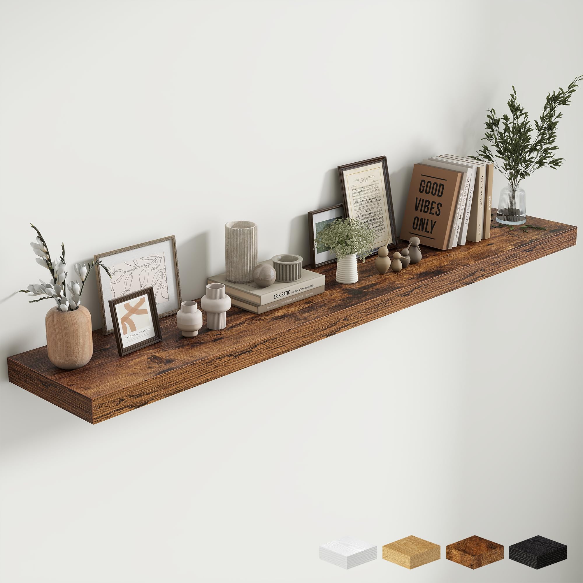 fun memories 72 inch fireplace mantel shelf, 12 inch deep shelves for display & wall storage, rustic wood wall shelf, extra long floating shelves for living room laundry room, rustic brown, set of 1