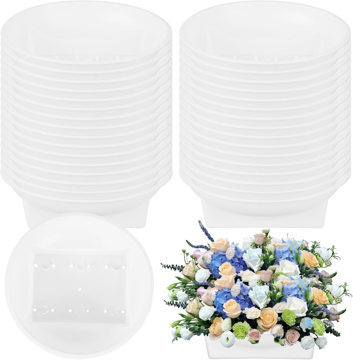 36 Pcs Floral Arrangement Bowls - 6.3 Inch Plastic Design Trays with Water Reservoir, Round Top & Square Base - Secure White Containers for Wedding Centerpieces, Party & DIY Florist Supplies