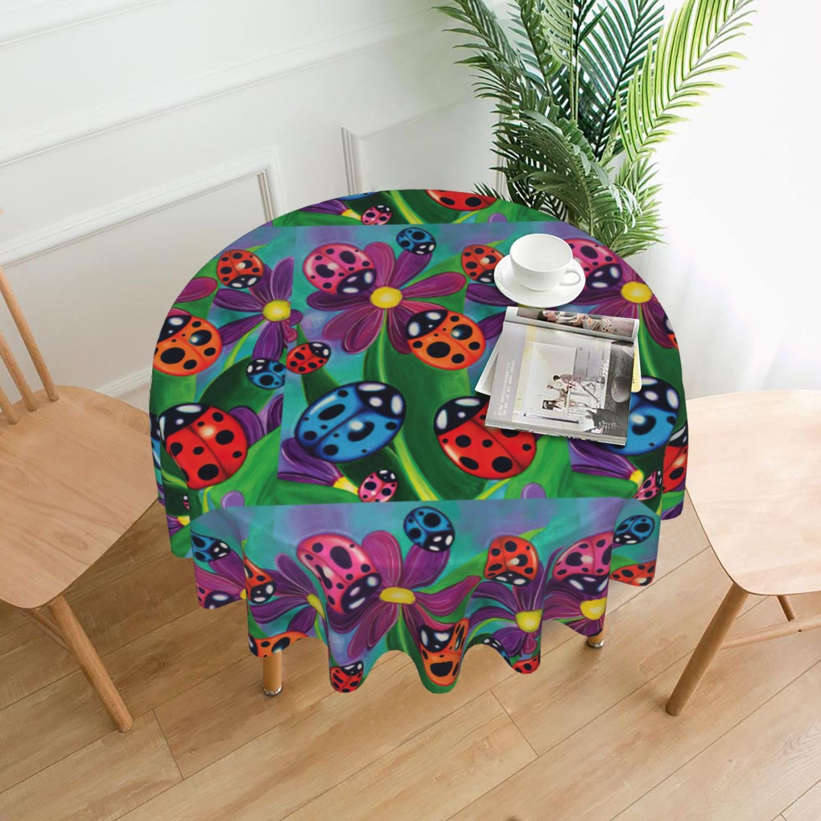 SDEGTHO Colorful Ladybird Print Boho Round Tablecloth 60in Vintage Polyester Cover for Wedding Party Thanksgiving