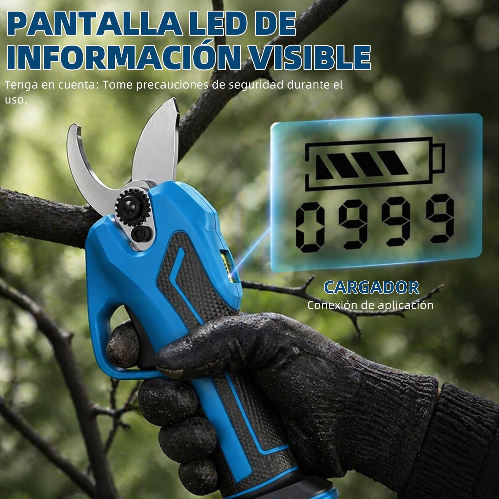 Tijeras de podar eléctricas profesionales de 40 mm de diámetro, cuchillas SK5, dos baterías de litio de 2000 mAh, pantalla LCD, motor sin escobillas, incluye sierra, guantes y piedra de afilar. Juego