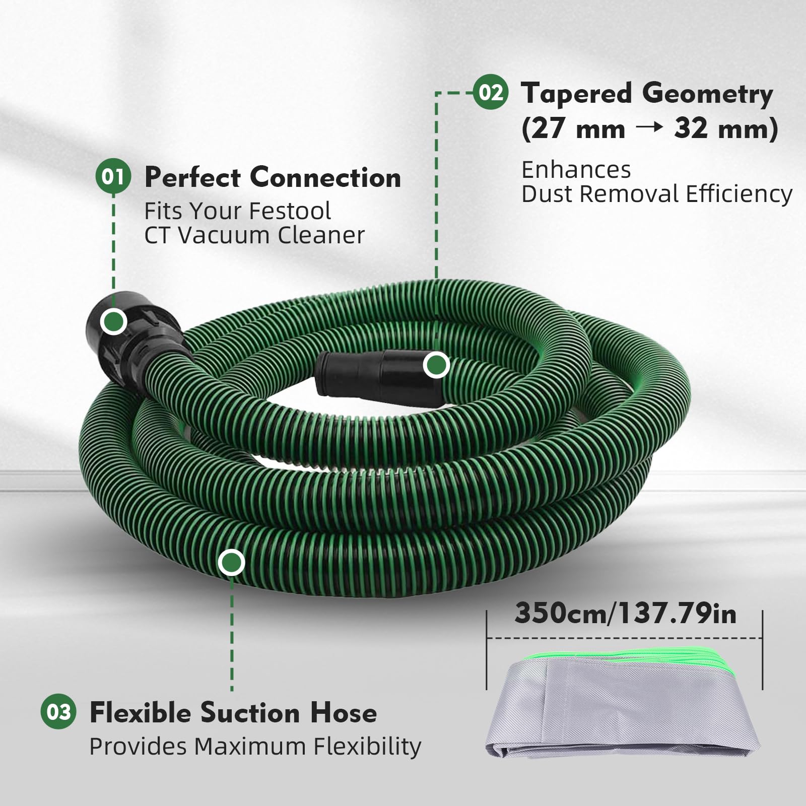Manguera de Aspiración de Polvo de 5 m con Funda Protectora Compatible con Festool CT 26/36/48, CT 15/25, CT MINI y CT MIDI desde 2019, Manguera EVA D27 (Ø35 mm) con Funda Protectora para Lijadoras