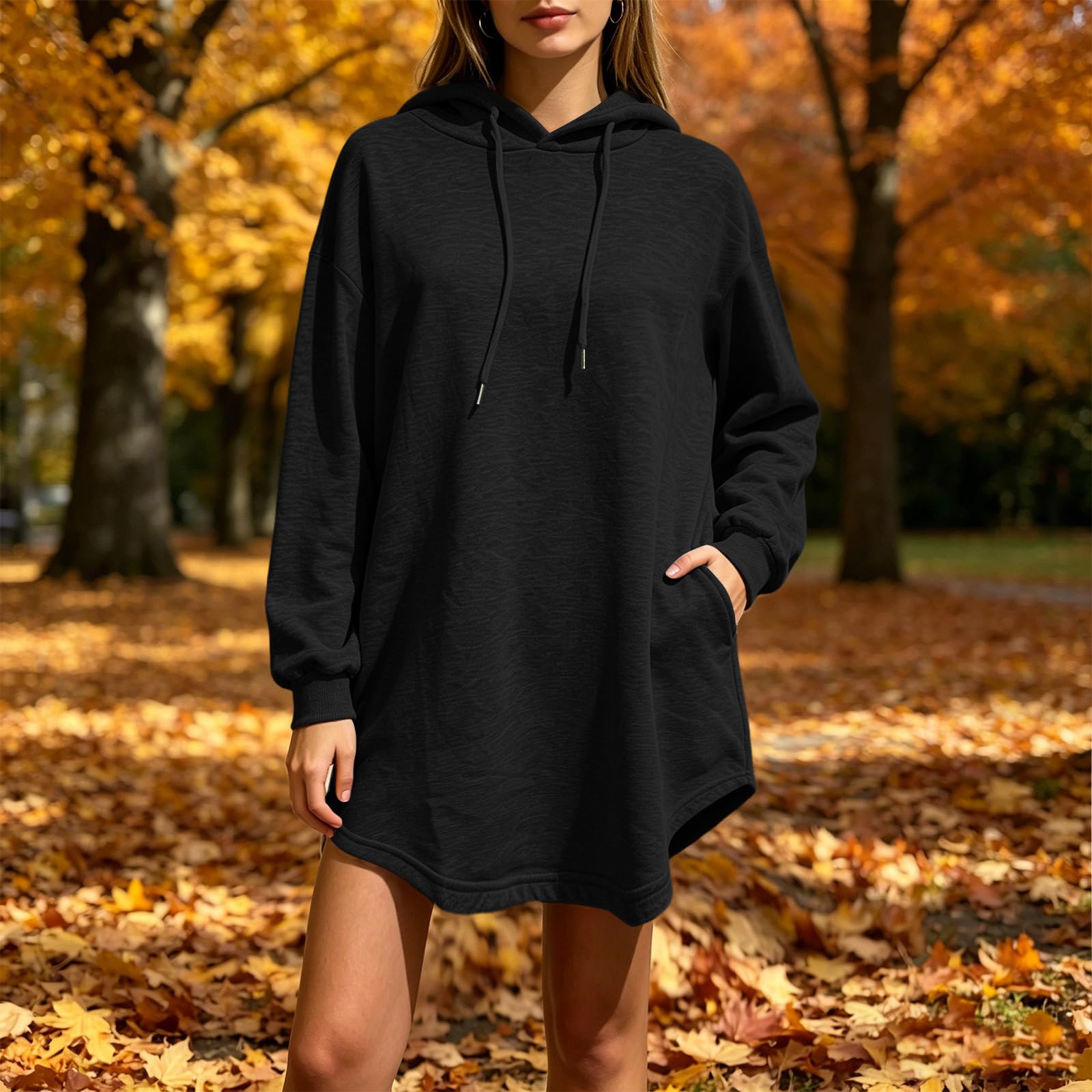 Générique Sweat Oversize Femme Grande Taille Robe Sweats Longue Décontracté Sweatshirt avec Capuche Chic Hoodie Automne Sport Couleur Unie Hoody Hiver avec Poches Leger Vêtements