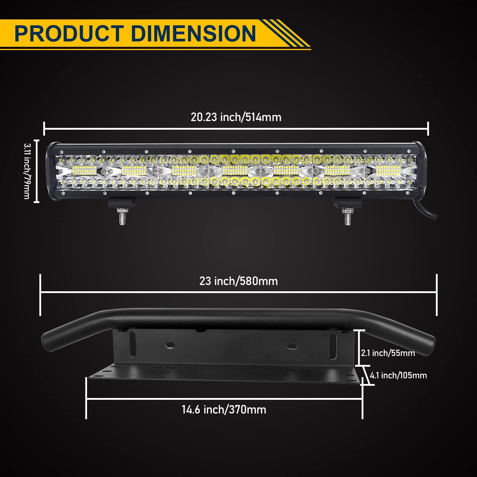 PICAA Samochodowa listwa świetlna LED, 50 cm, trójrzędowa 8D 420 W LED światła robocze lampa barowa światło z numerem licencyjnym, płyta zderzaka, wspornik montażowy, 12 V, zestawy okablowania do