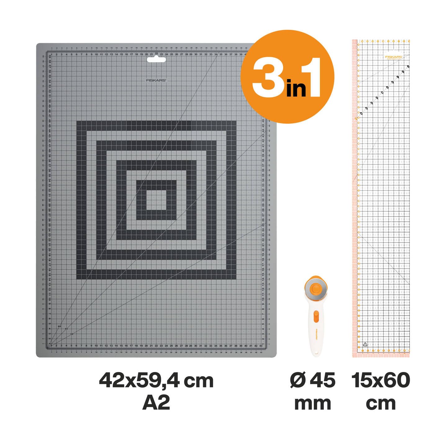 Fiskars Kit de iniciación al patchwork, Cúter rotatorio con hoja de Ø 45 mm, Base de corte A2 autorreparable (45 x 60 cm / 18 x 24"), Regla para patchwork (15 x 60 cm), 3 piezas, 1066046
