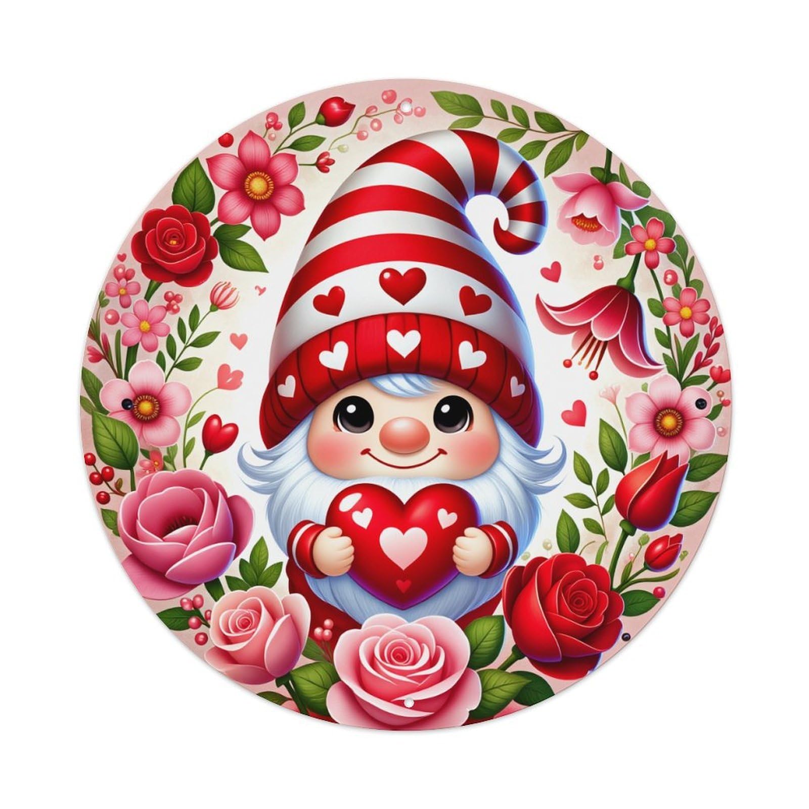 Gnome Heart Flowers Love Valentine Round Tin Sign Vintage Metal Poster, Home Bar Garage Man Cave Cafe Indoor & Outdoor Wall Decoration 8x8Inches