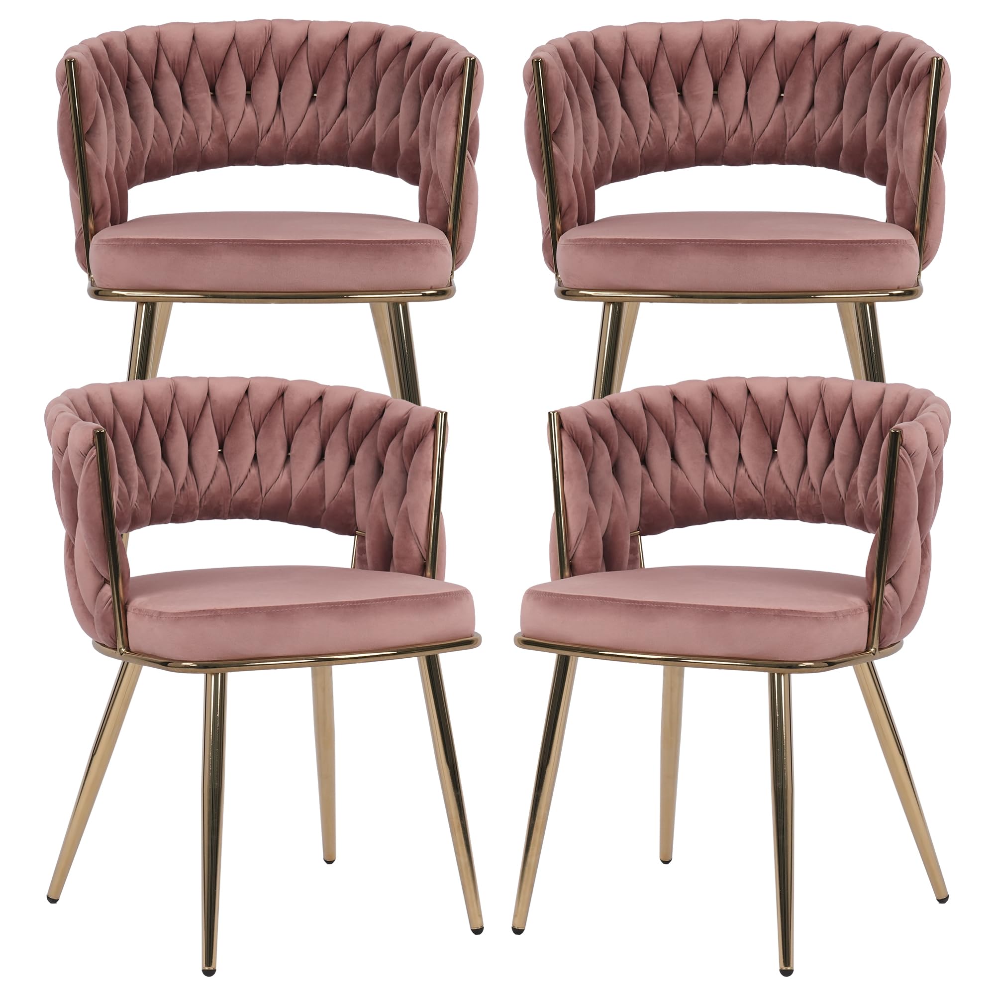 KCC Modern Velvet Dining Chairs Set of 4, Upholstered Living Room Chair with Woven Back and Golden Metal Legs, Mid-Century Accent Side Chair for