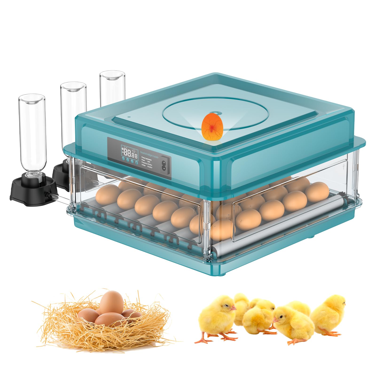 Brutautomat Vollautomatisch,Inkubator für 10-36 Eier mit Automatischem Wenden der Eier und Automatischer Befeuchtung,Brutkasten mit Feuchtigkeitsanzeige für Hühner,Enten,Gänse und Wachteln (36 Eier)