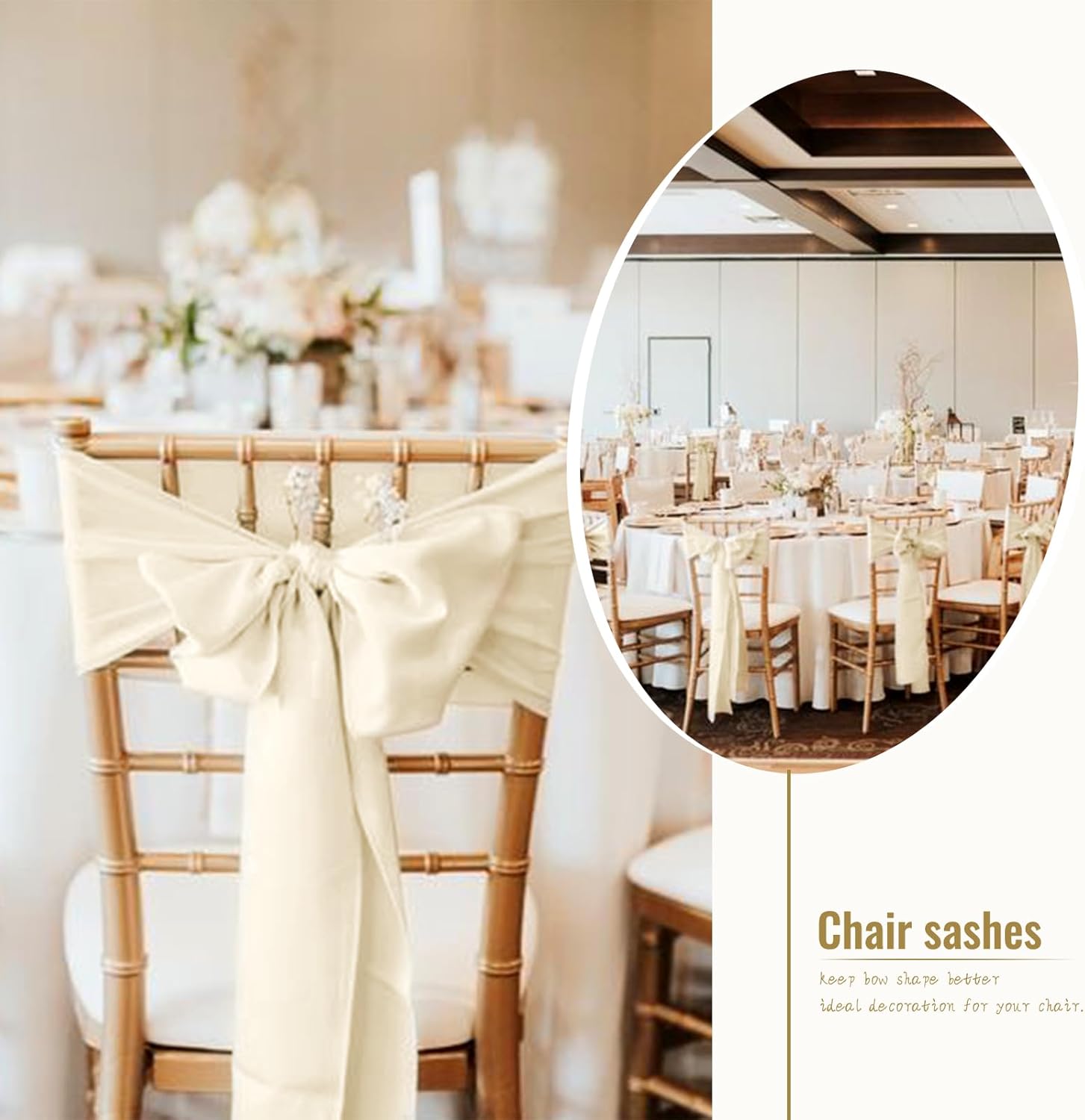 Showgeous 120 PCS Ivory Satin Chair Sashes Bows Decoration Chair Cover Chair Sash Ties for Banquet Party Baby Shower Event Decorations (Ivory, 7 x 108 inch)