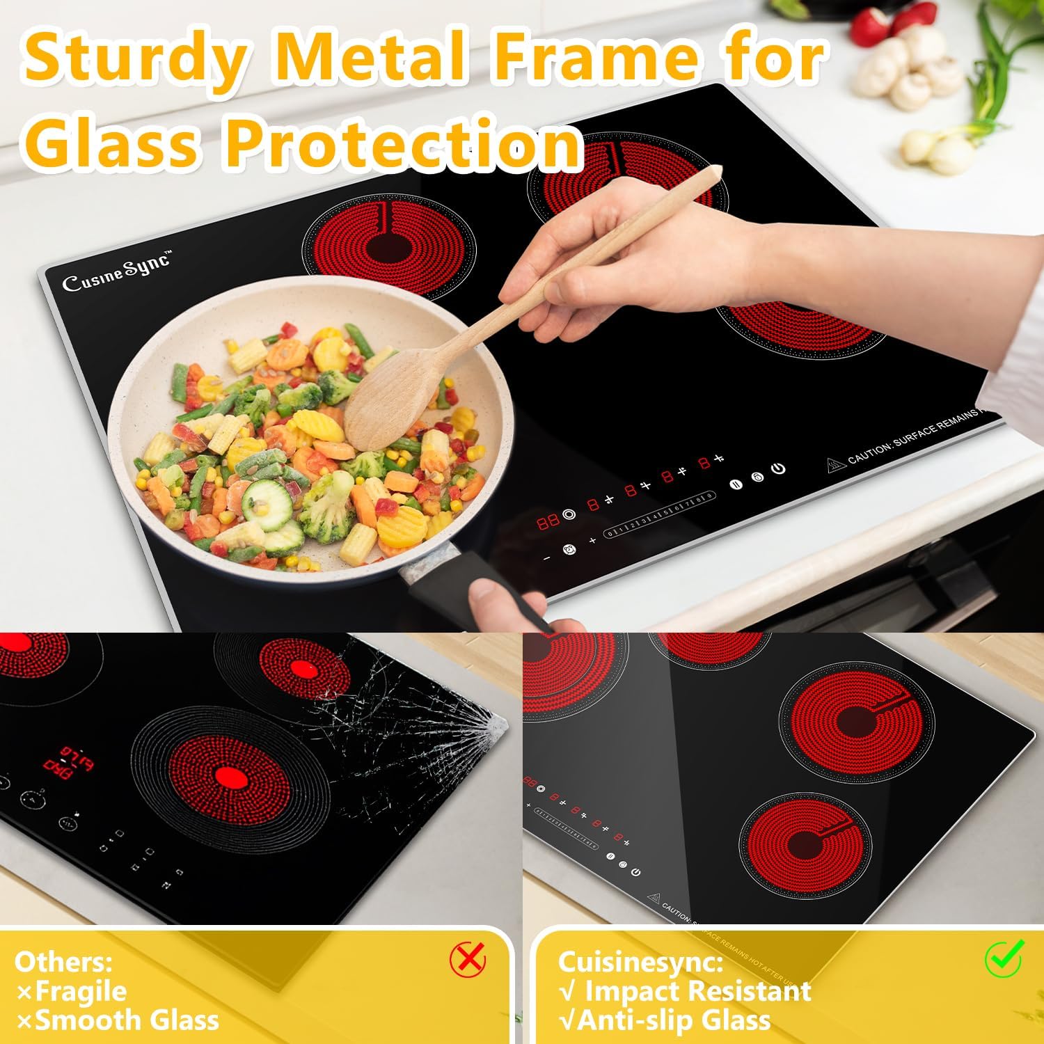 30 Inch Electric Cooktop, 4 Burner Electric Stove Top with Glass Protection Metal Frame, 7200W, Safety Locks & Timers, 240V Hard Wire (No Plug)
