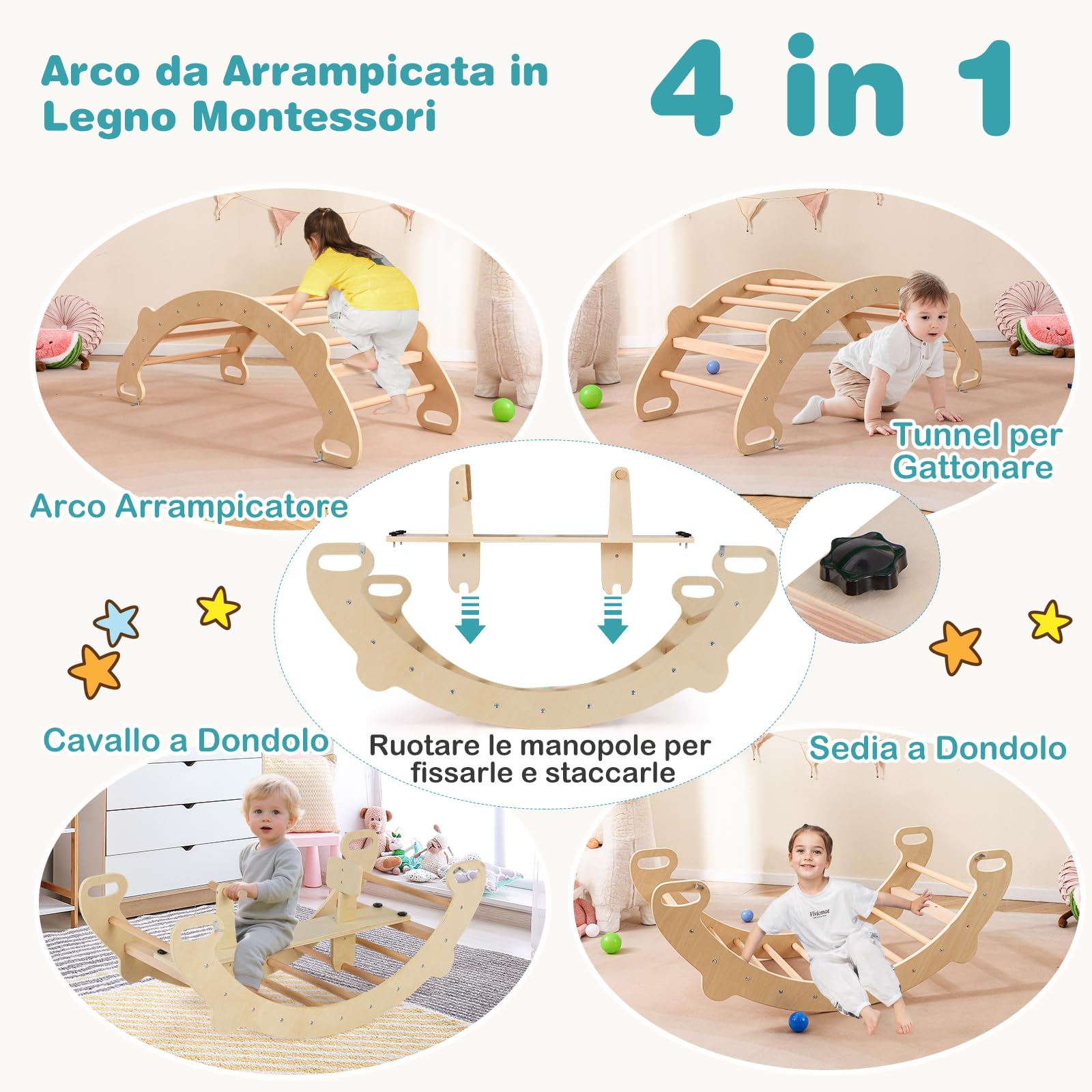 COSTWAY 4 in 1 Arrampicata per Bambini, Arco Cavallo a Dondolo Multifunzionale in Legno, Dondolo a 35°, Ideale per Bambini 1-5 Anni, 112 x 52 x 44 cm (Naturale)