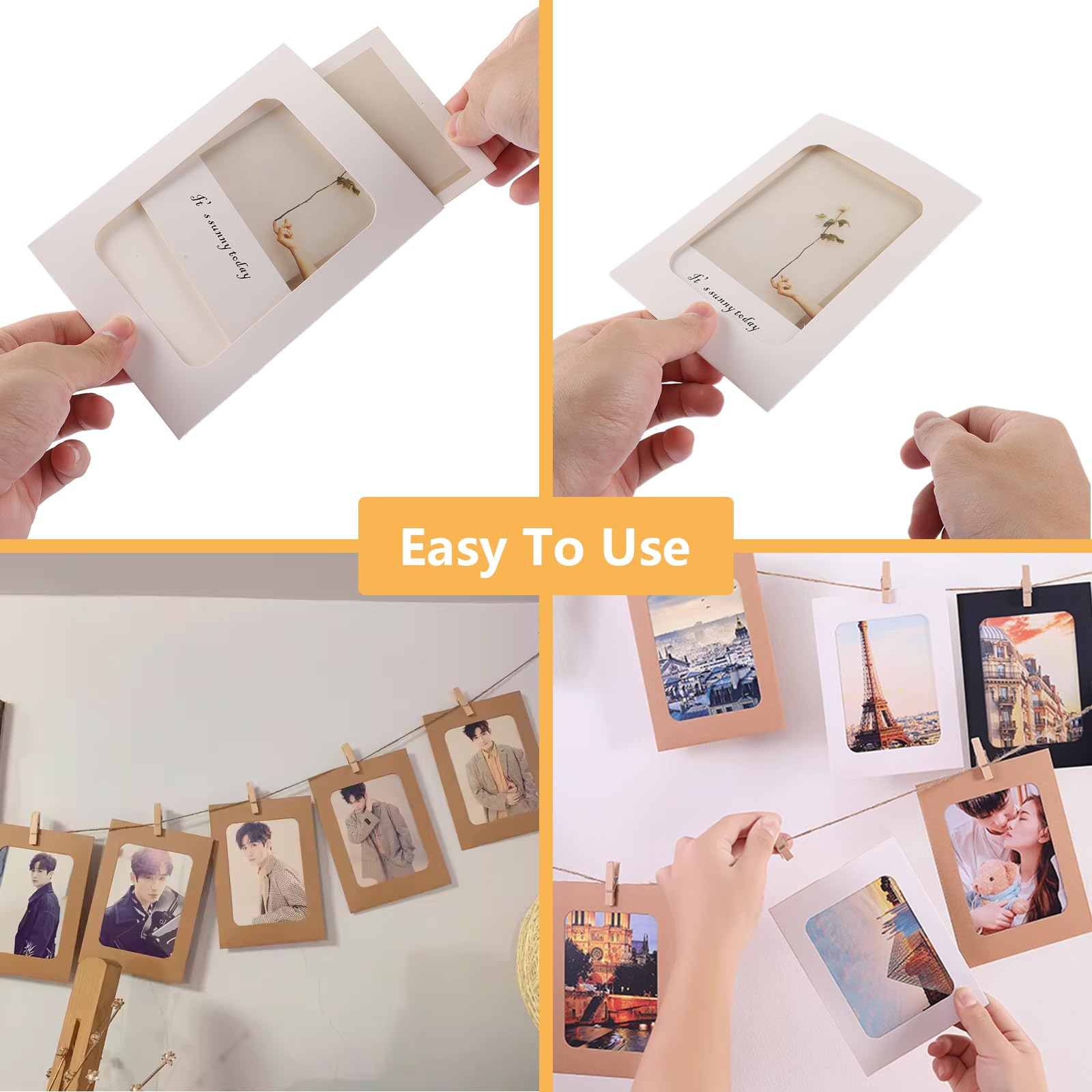 Cadres Photo en Papier 11,5 x 15,4 cm Lot de 90 avec Clips en Bois et Ficelle pour Décoration Fête