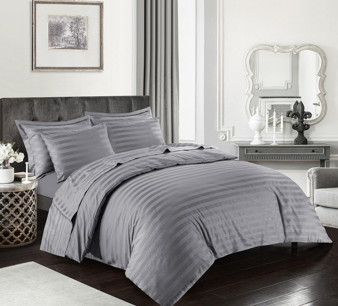 Kampala Hill Egyptian Cotton 400 Thread Count Double Duvet Hotel Quality Cover Satin Stripe Bedding Set, Silver