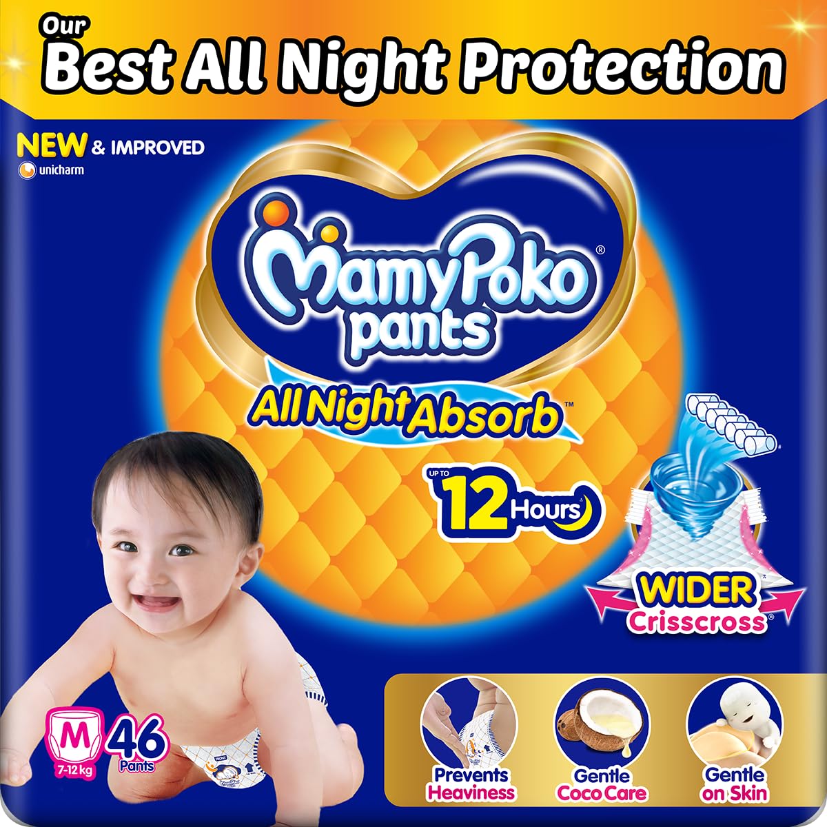 Mamypoko pants All night absorb|Pant Style Baby Diapers Medium Size(M), 46 Count, Ideal for 7-12Kgs|1 Diaper= Upto All night Absorption|Wider Crisscross Sheet|Gentle Coco Care| 12hr Lea