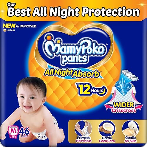 Mamypoko pants All night absorb|Pant Style Baby Diapers Medium Size(M), 46 Count, Ideal for 7-12Kgs|1 Diaper= Upto All night Absorption|Wider Crisscross Sheet|Gentle Coco Care| 12hr Lea