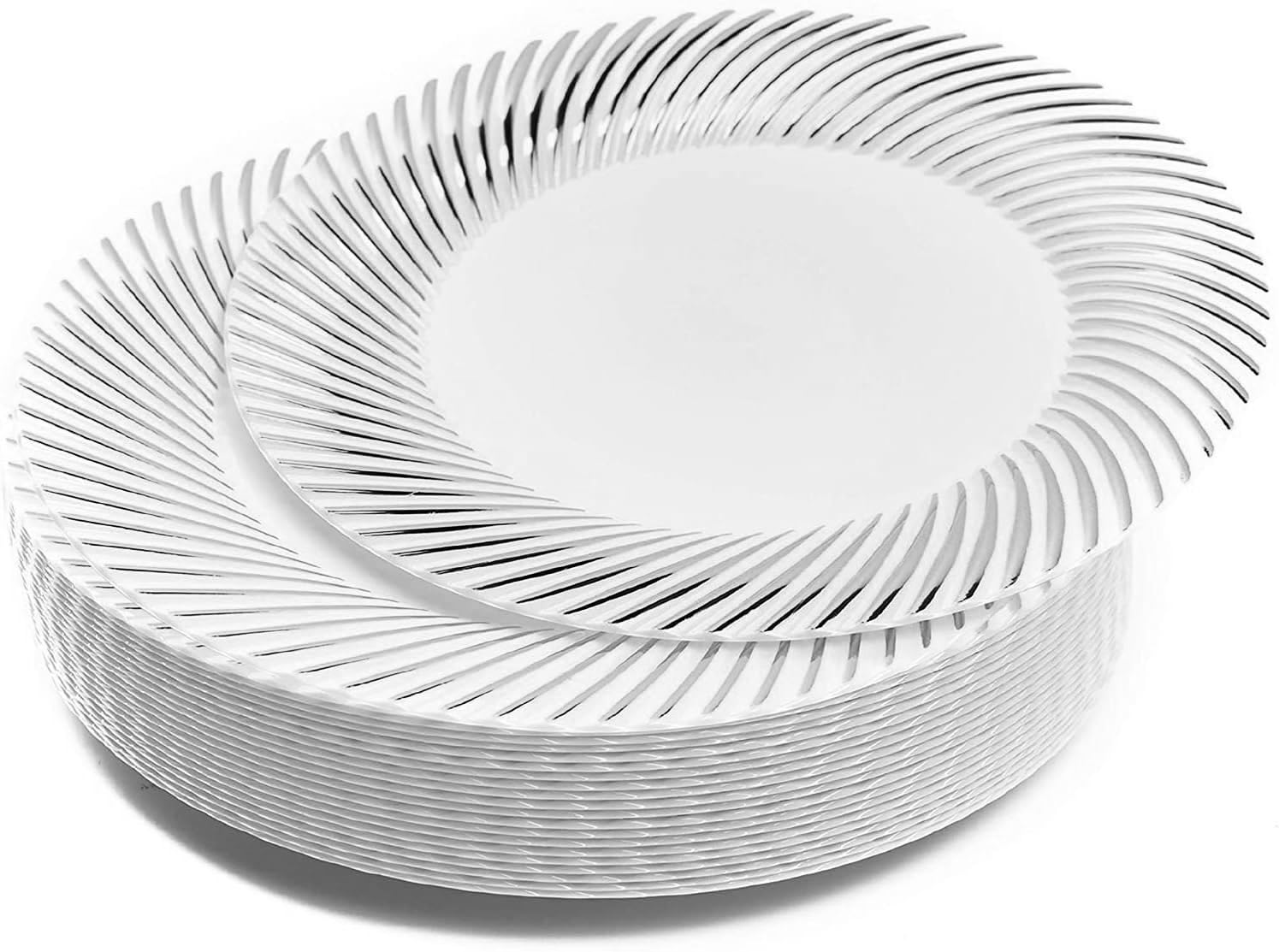 MATANA 20 Premium White Plastic Dessert Plates with Silver Rim, 18cm / 7 Inch - Elegant & Reusable Small Side Plates, Starter Plates for Weddings, Birthdays, Picnic, BBQ, Parties