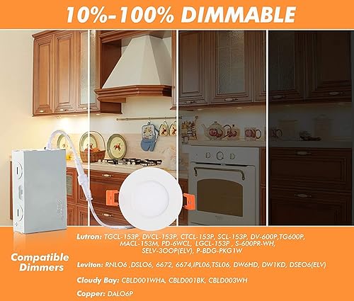 Miniatura 4 de CLOUDY BAY Paquete de 12 Luz empotrable LED ultrafina de 3 pulgadas y 5 colores con caja de conexiones, lámpara descendente de oblea sin lata,